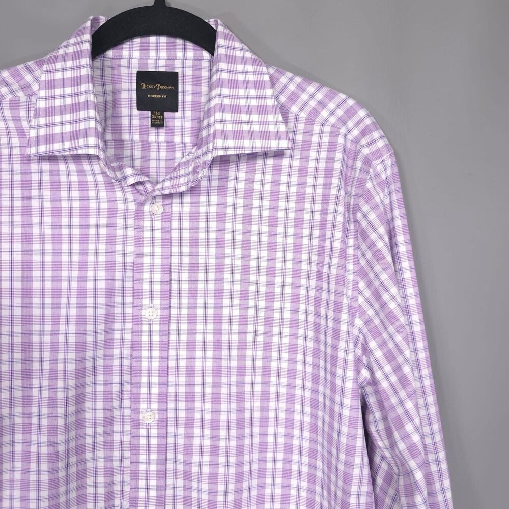 HICKEY FREEMAN Modern Fit Shirt 15.5 32/33 Purple Gingham Check‎ Plaid Cotton